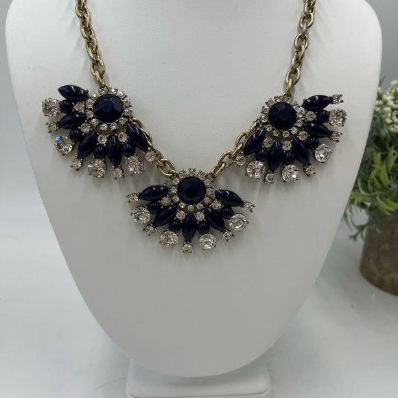 J. Crew Navy Blue and Clear Rhinestone Triple Fan Statement Bib Necklace - Picture 3 of 16